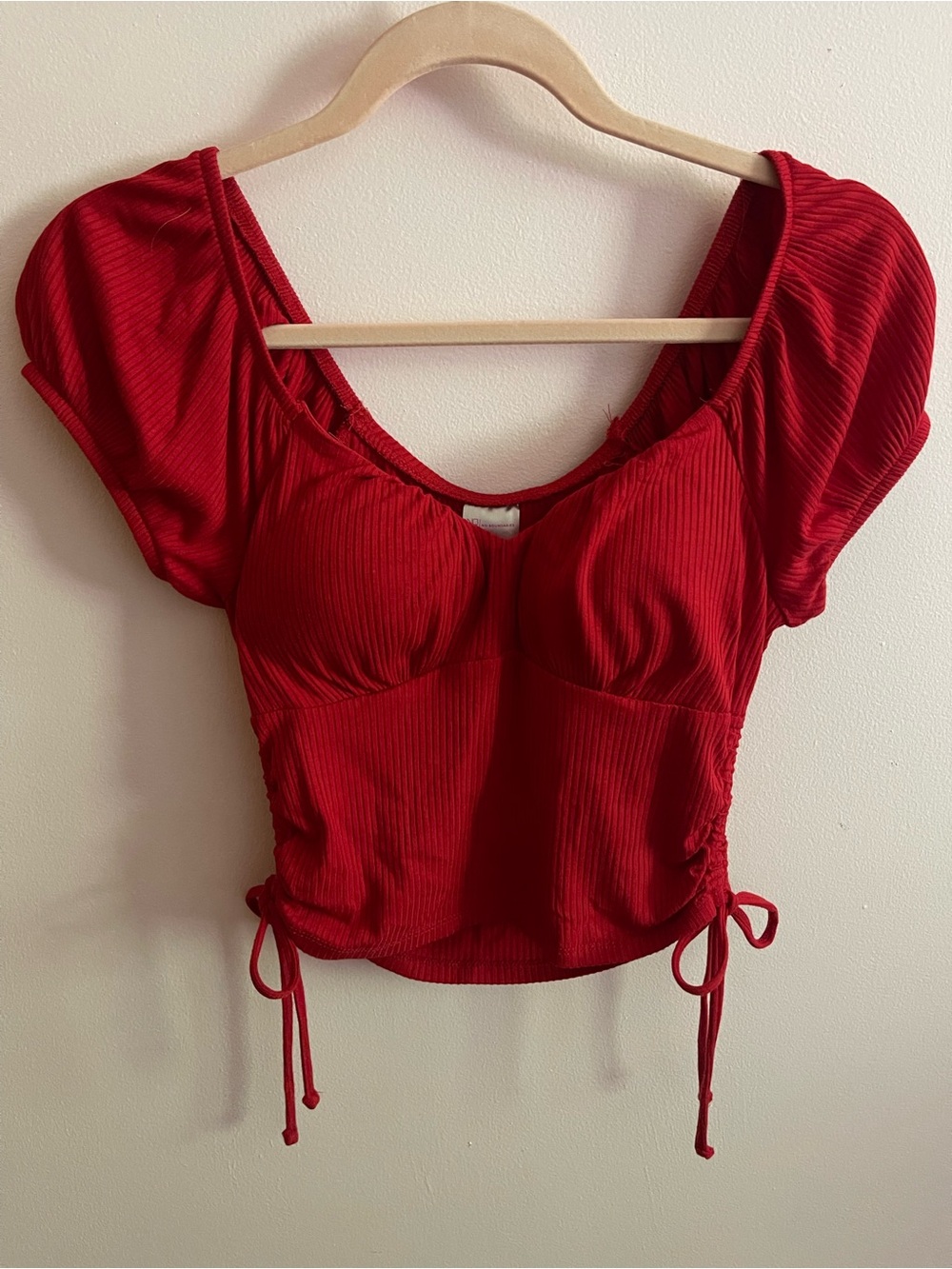 Red Ribbed Puff-Sleeve Crop Top